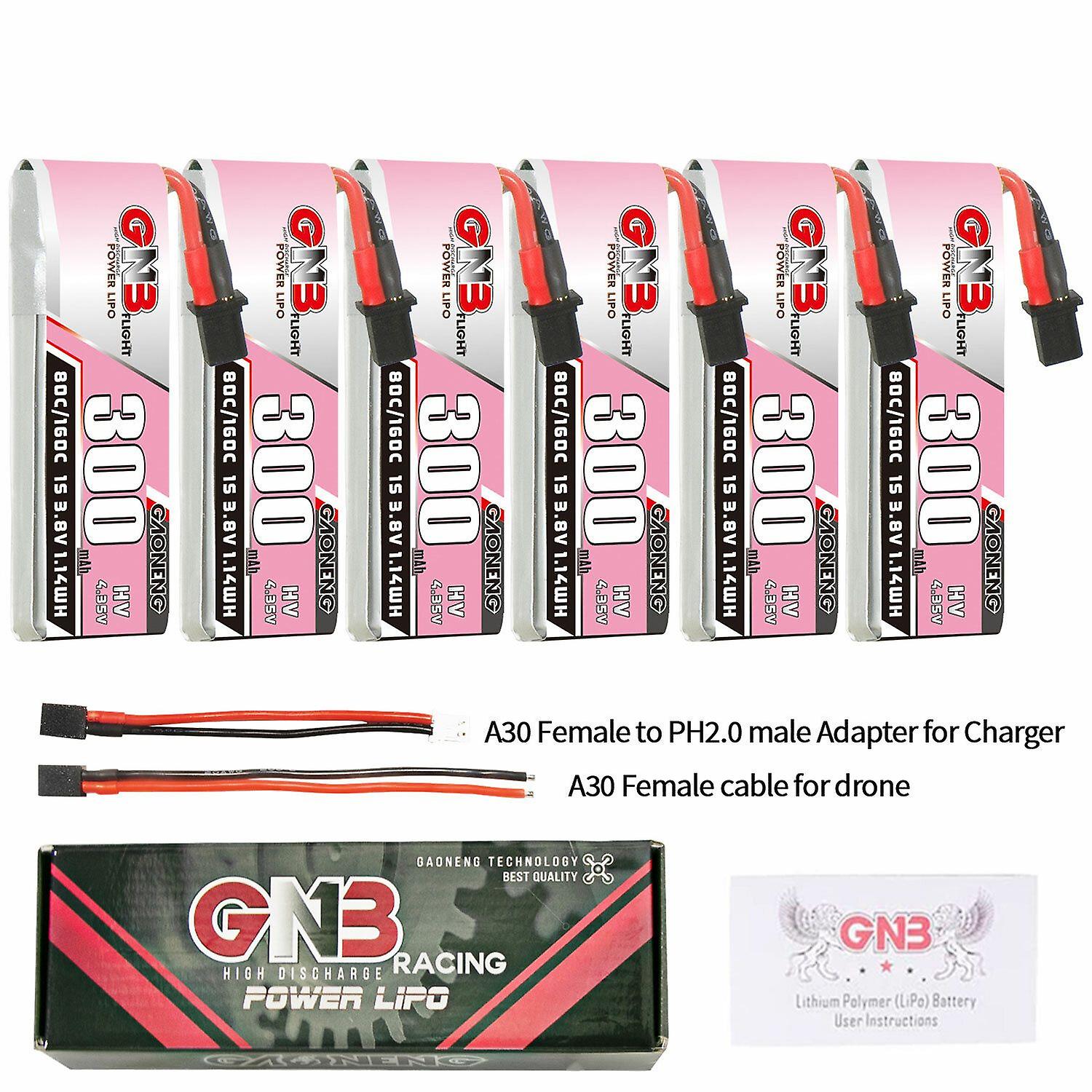 6Pcs Gaoneng 3.8V 300mAh 80C 1S LiHV Battery A30 Plug With Adapter Cable for Emax Tinyhawk S BetaFPV