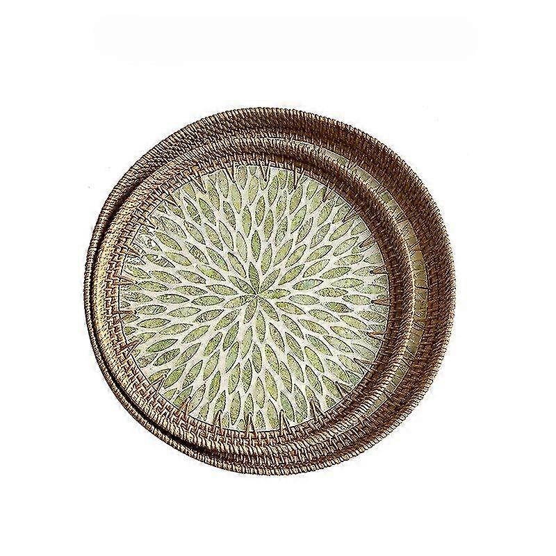 2pcs Handmade Rattan Shell Round Tray Multicolored Containers Tray Round Serving Tray for Bread Coffee Decoration and Daily Necessity