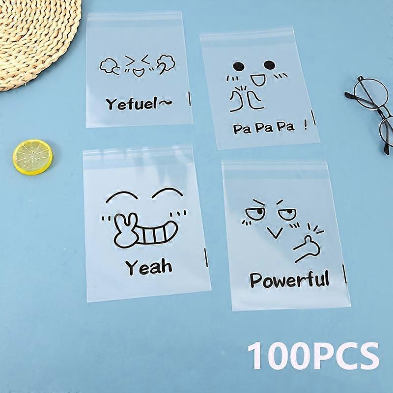 100PCS漫画のセルフシール食品保存袋、透明なプラスチック製のパン袋、クッキー、ペストリー、スナック用の使い捨てフック&ループクロージャー。