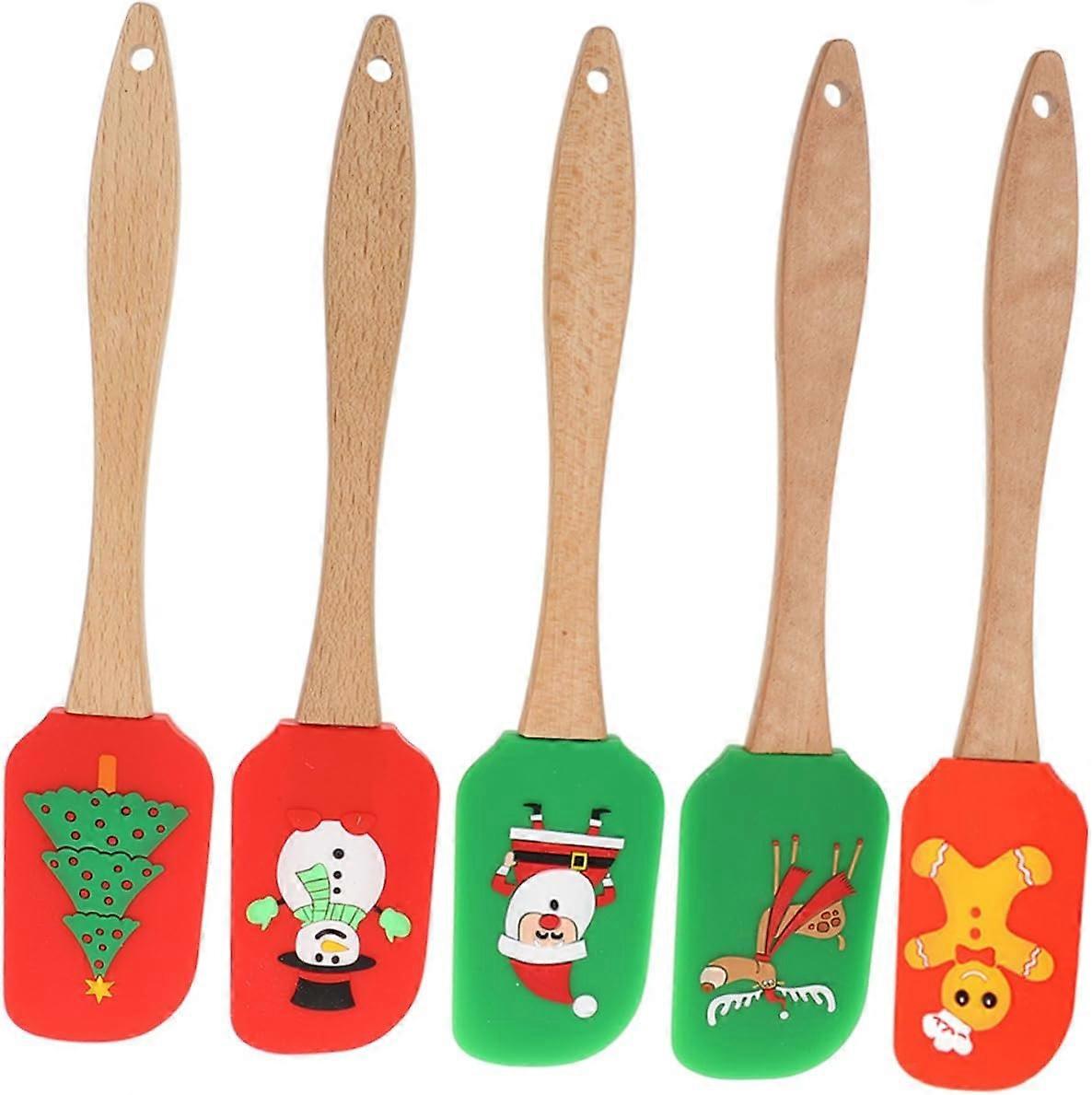 5pcs Cream Spatula Frosting Spatula Wooden Handles Silicone Baking Sheet Christmas Cake Decorating Spatula Christmas Rubber Spatula Cake Baking Scrape