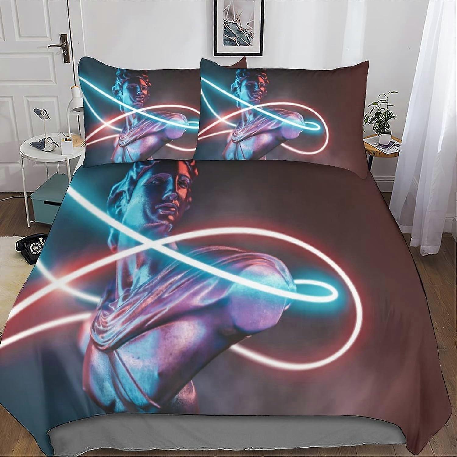 Retro Neonowe Kołdry i Komplety Pościeli 3D z Poszewką na poduszkę, Poszewka na kołdrę 3D Light, 3-częściowy Komplet pościeli z mikrofibry z poszewkami na poduszki zamykanymi na zamek błyskawiczny D