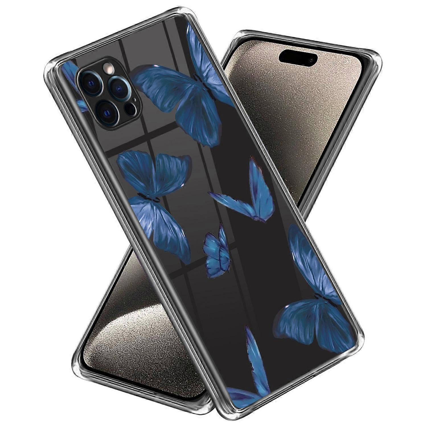 For iPhone 16 Pro Max Case Pattern Printed Shockproof TPU Phone Cover - Blue Butterflies