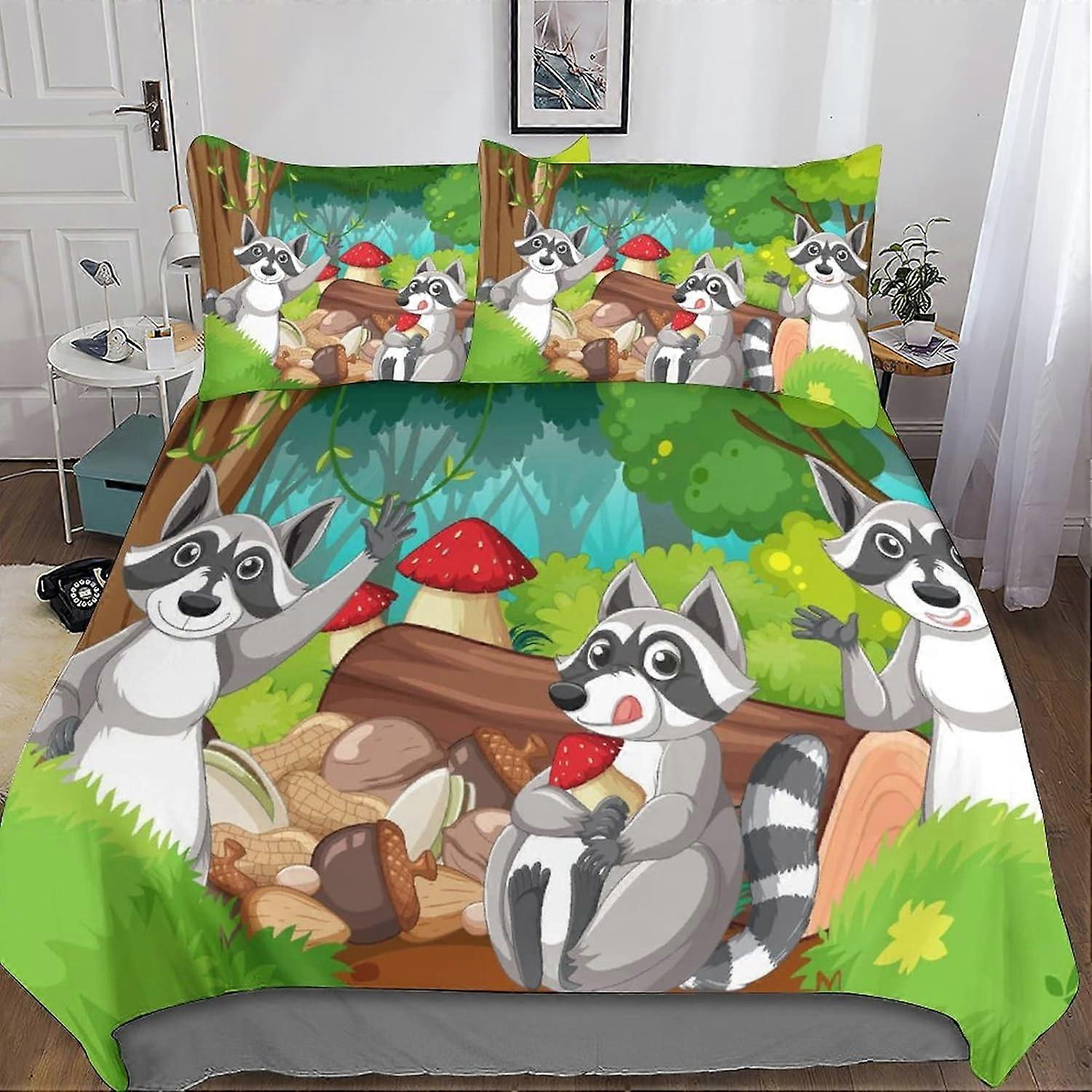 Karikatür Rakun Yatak Seti Parçaları, Mikrofiber Baskı D Sevimli Hayvanlar Fermuar Kapatma Nevresim ve Yastık Kılıfı Doublex