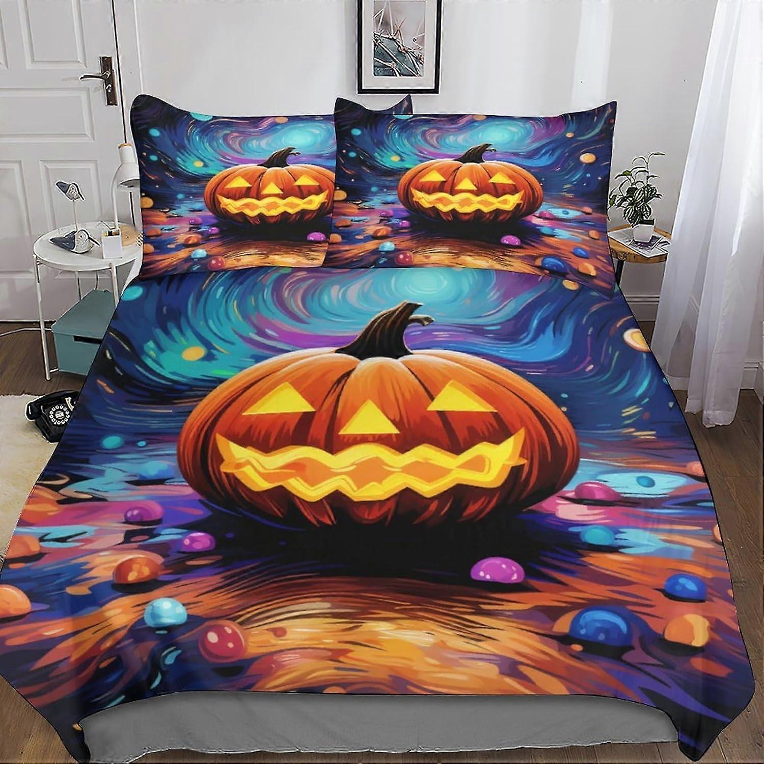 Halloween Duvet Cover Set, with Pillowcases Microfiber Pumpkin Lanterns 3 Piece Bedding Set with Zipper Closure for Teens and Adults Double