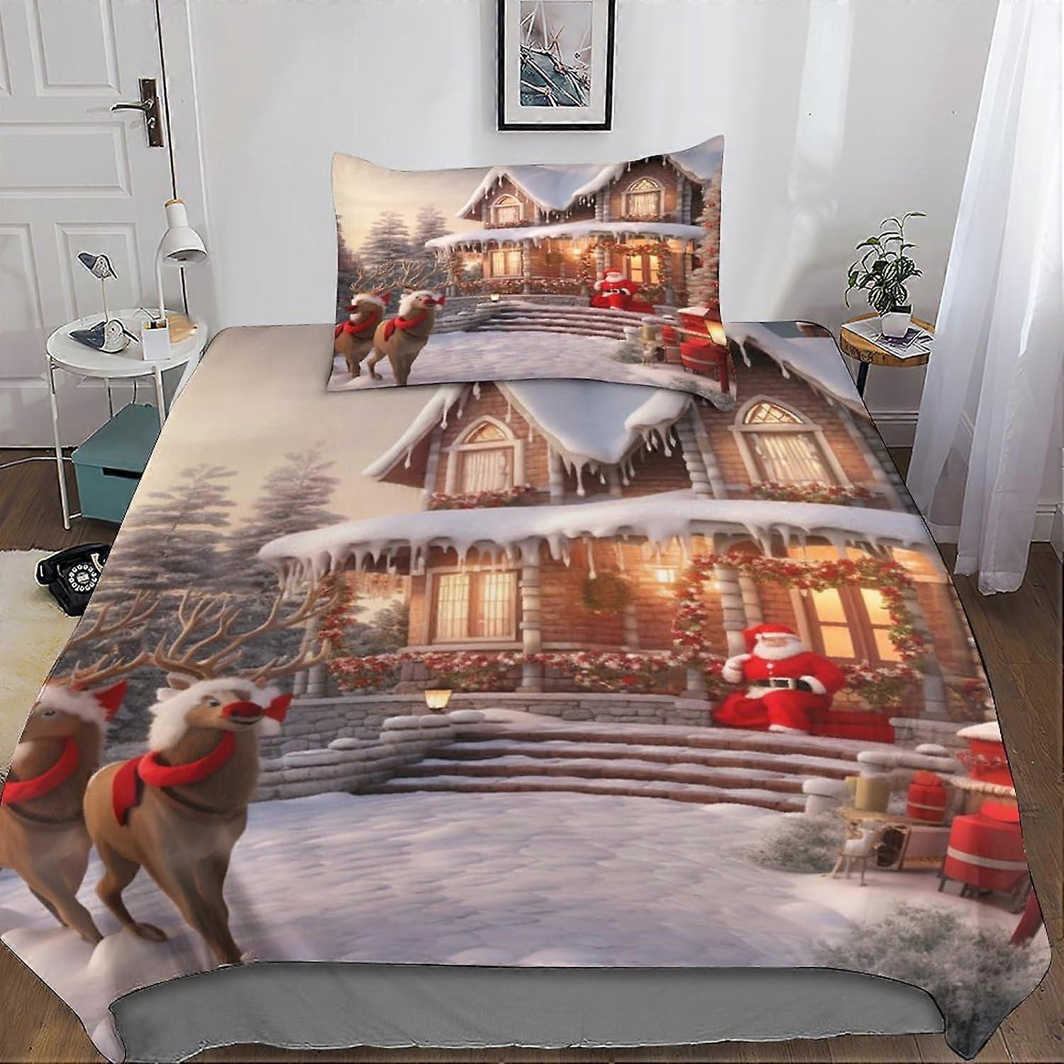 Christmas 2-Piece Bedding Set with 3D Santa Claus Duvet Cover - Microfiber Bedding Set with Zipper Closure Single