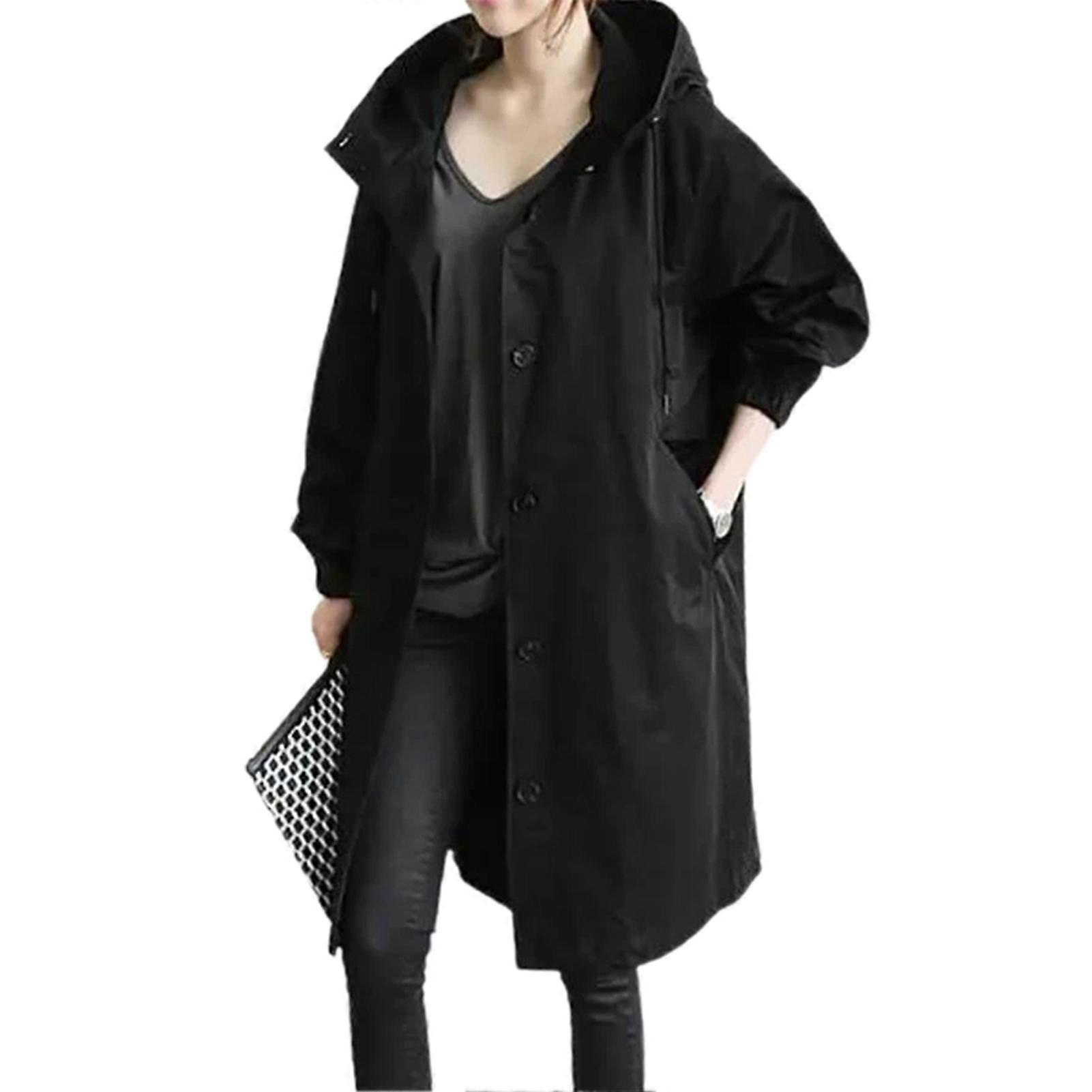 Women Windbreaker Jacket Casual Loose Button Pockets Hooded Windproof Waterproof For