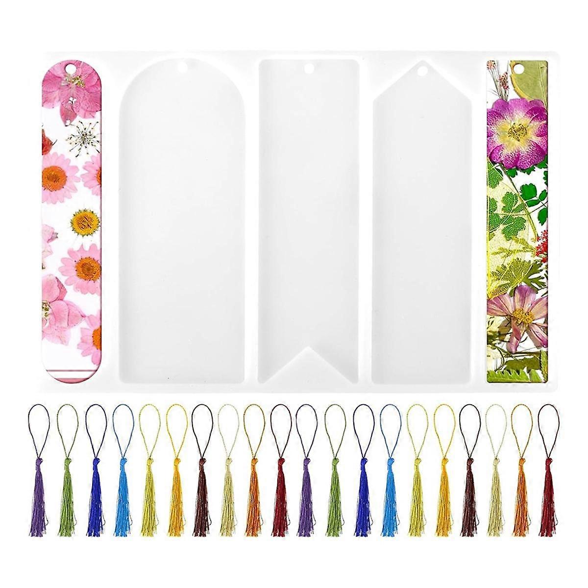 Silicone Bookmark Resin Mold Set,5 Shape Bookmark Mold with 20Tassels for Resin Bookmark Supplies