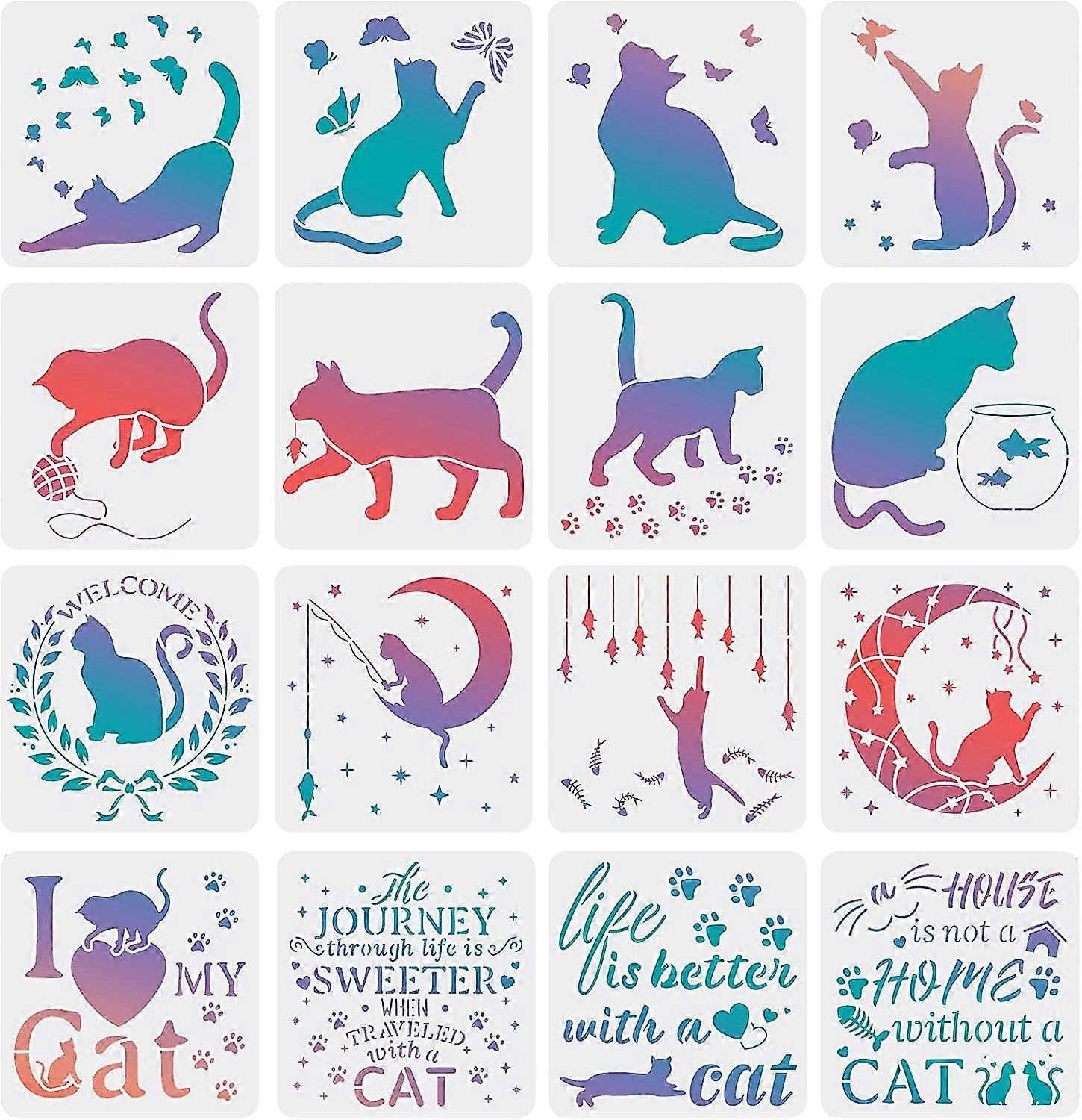 16 Pcs Cat Pattern Decoration Template Reusable PET Plastic Stencil