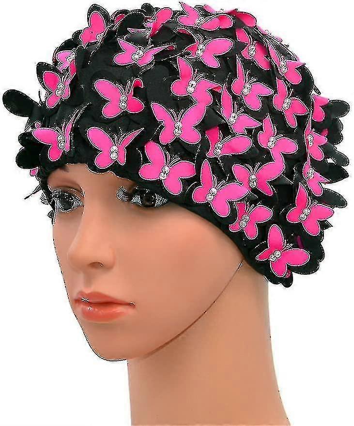 Vintage Style Swim Cap, Flower Blossom Design, Retro Style, Rose Red