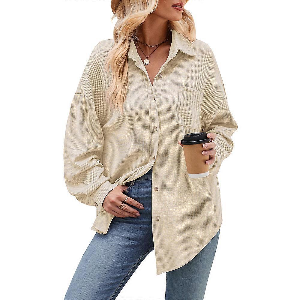 Damen Hemd Uni Blusen Waffelhemd Elegante Hemden Top mit V-Ausschnitt Tunika Bluse Langarmshirt mit Knöpfen Casual Festliche Hemdbluse S-XXL