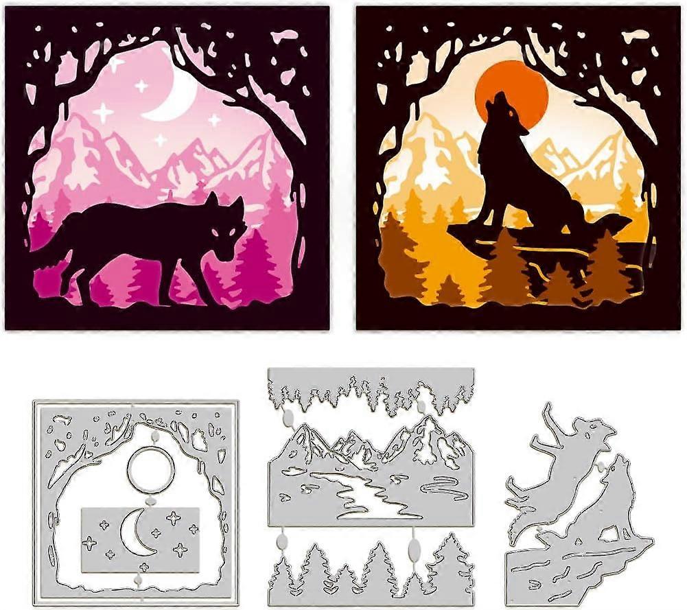 Layered Wolf Cutting Dies for Card Making Mountain Background Frame Metal Die Cuts Cutting Dies Template DIY Scrapbooking Embossing Paper Album Craft