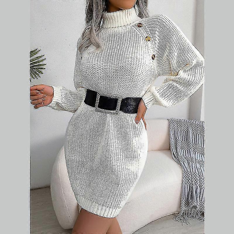 Damen High Neck Pullover Kleid mit Gürtel Mini Kleider Kuschel Winter Strick Pullover Pullover
