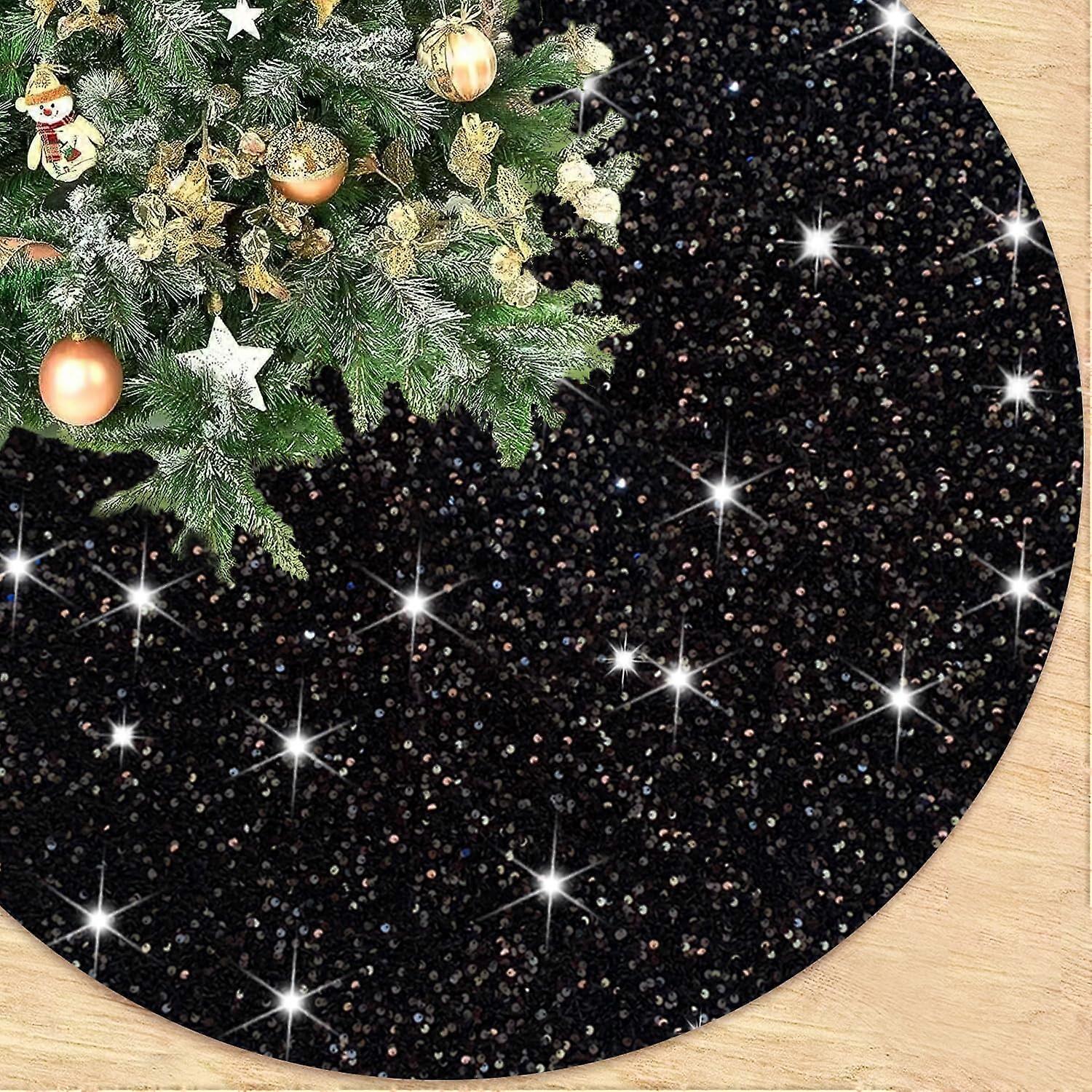 48 Inch Black Sequin Tree Skirt, Sparkly Fabric Christmas Tree Mat, Glitter Christmas Tree Skirt for Artificial Tree, Christmas and Halloween