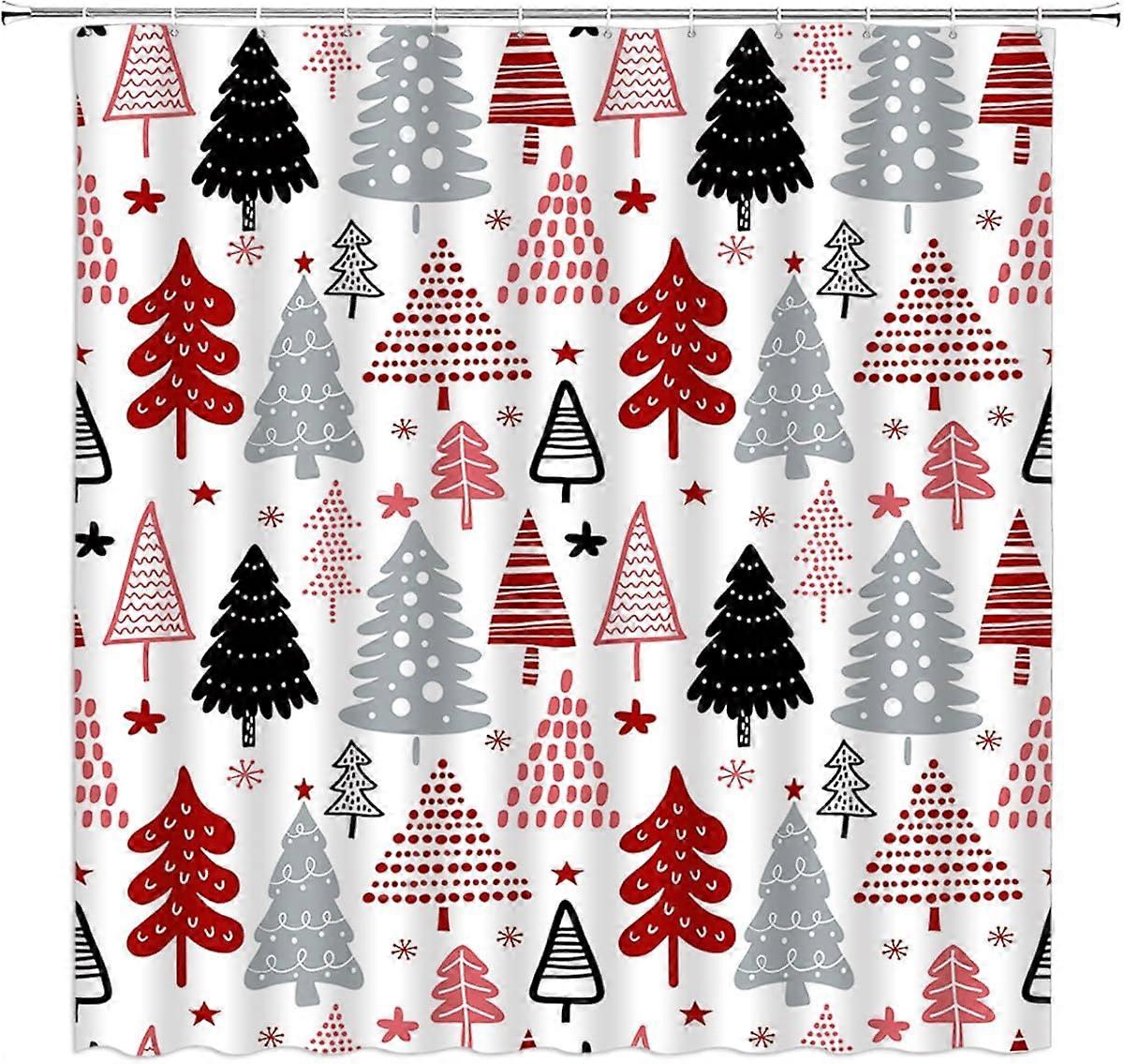 クリスマスツリーエクストラロングシャワーカーテン赤黒グレークリスマスツリースノーフレーク冬の休日かわいいfabicバスルームの装飾用フック付き、72x84インチ