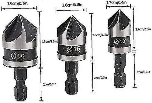 3pcs Metal Engraving Drill Bit Set For Woodworking, Chamfering Tools, Five Hex Handle Hole Opener