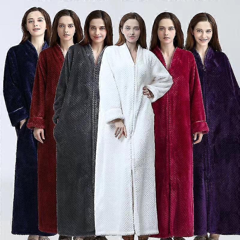 Zipper Bathrobe For Womens Flannel Fleece Robes Winter Warm Housecoat Nightgown