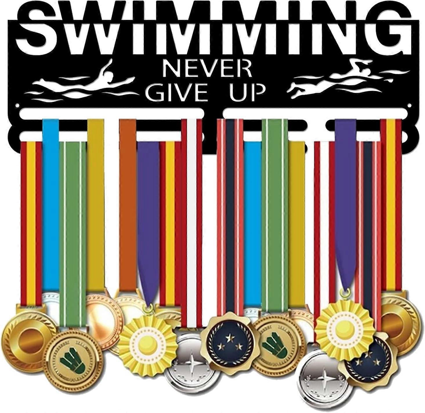 Medal Holder Swimming Medals Display Motivating Word Never GIVE UP Black Iron Wall Mounted Hooks for Competition Medal Holder Display Wall Hanging