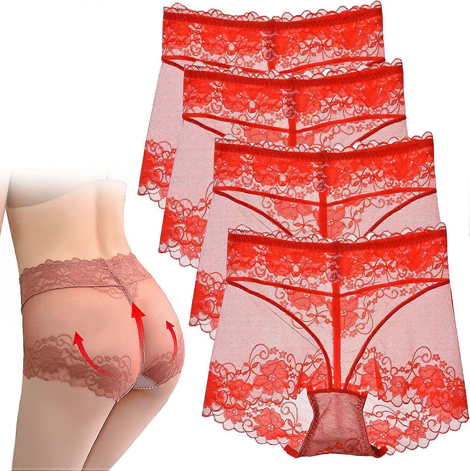 4pcs Mesh See Through Tummy Tucking Hips Lifting Panties,Womens Sexy Lace Panties High Waisted Plus Size Ladies Brief