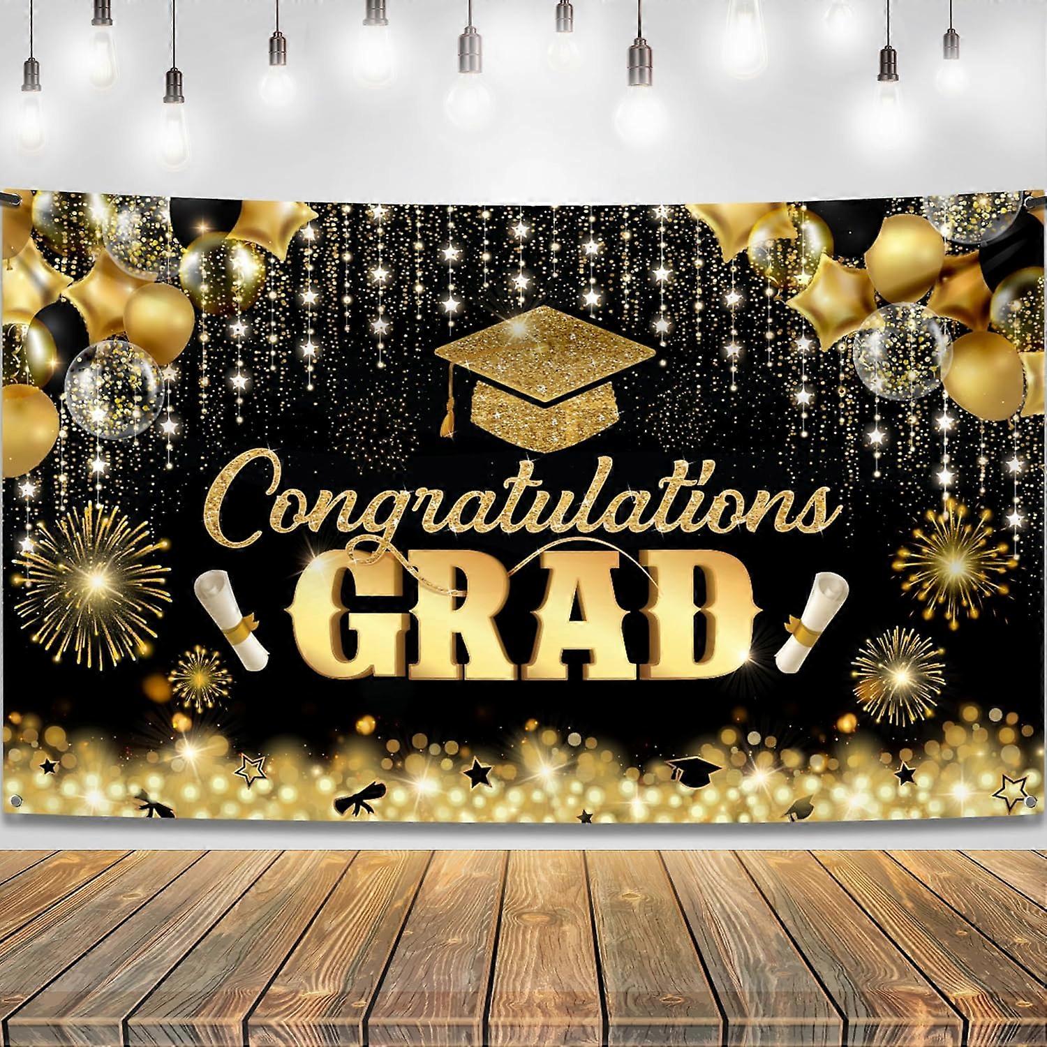 Congratulations Grad Banner, 72x44 Inch Glitter Black and Gold Graduation Backdrop, Graduation Decorations Class of 2024
