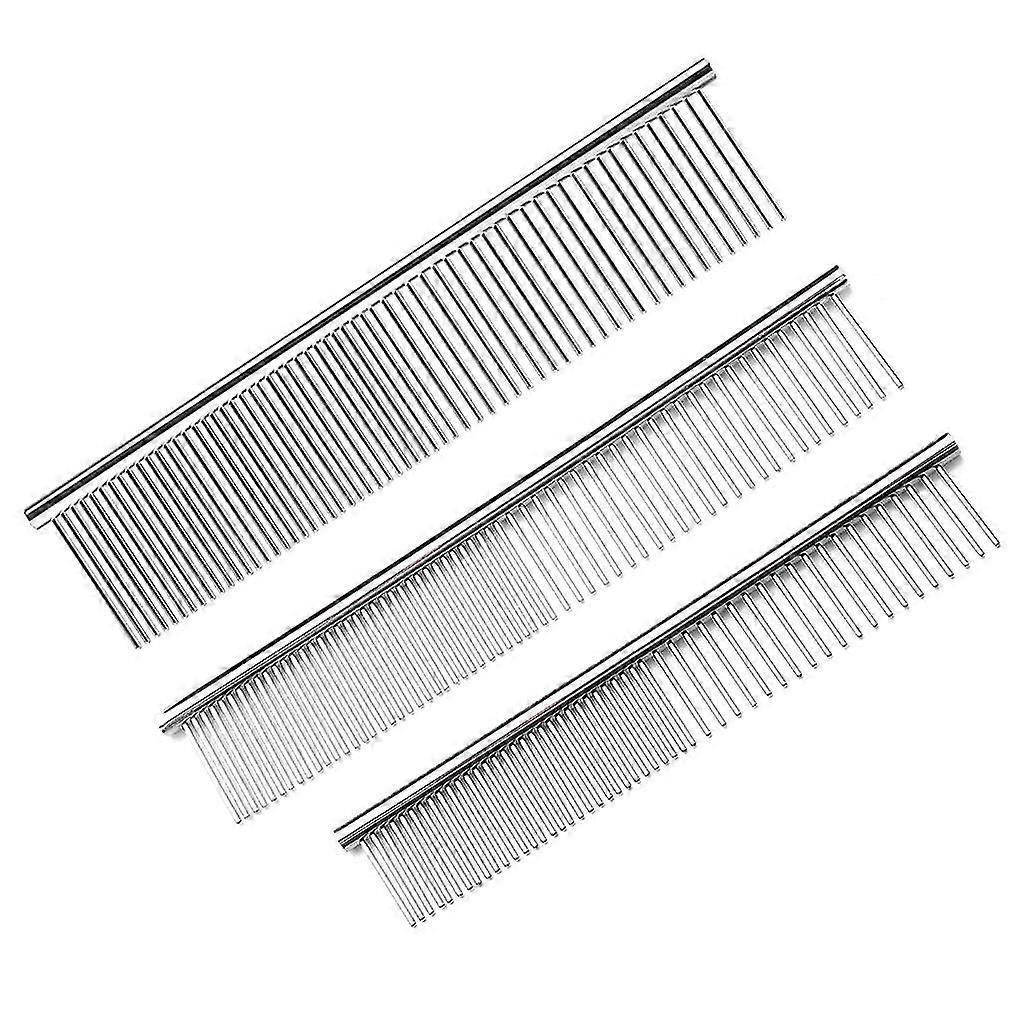 3 Pieces Dog Combs Rounded Teeth Stainless Steel Professional Grooming Tool