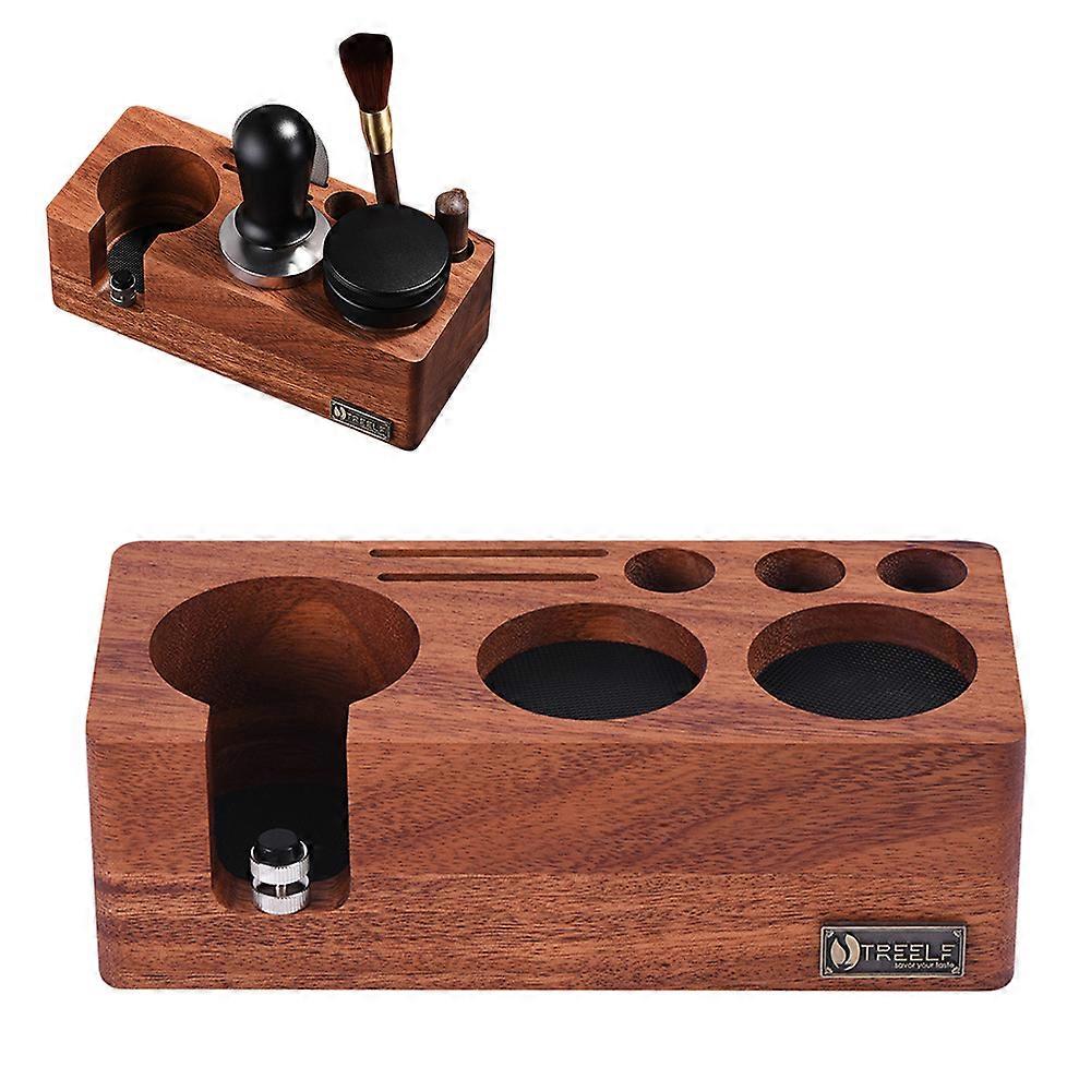 TREELF Walnut Espresso Tamping Station for 58mm Espresso Machine Portafilter Stand Base Adjustable Height 3-in-1 Coffee Tamper Station Organizer Distr