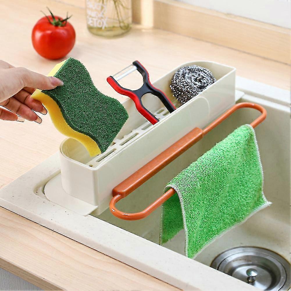 Telescopic Kitchen Sink Shelf With Hanging Rod Multipurpose Drain Storage Rack