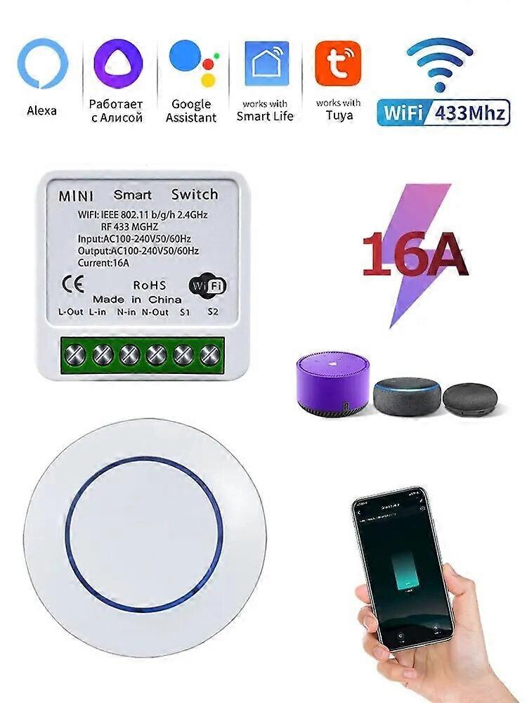 RF433Mhz Wireless WiFi Mini Smart Switch 16A/20A Work with Tuya Smart Life App Alexa Google Home Voice Control Mini Round Button