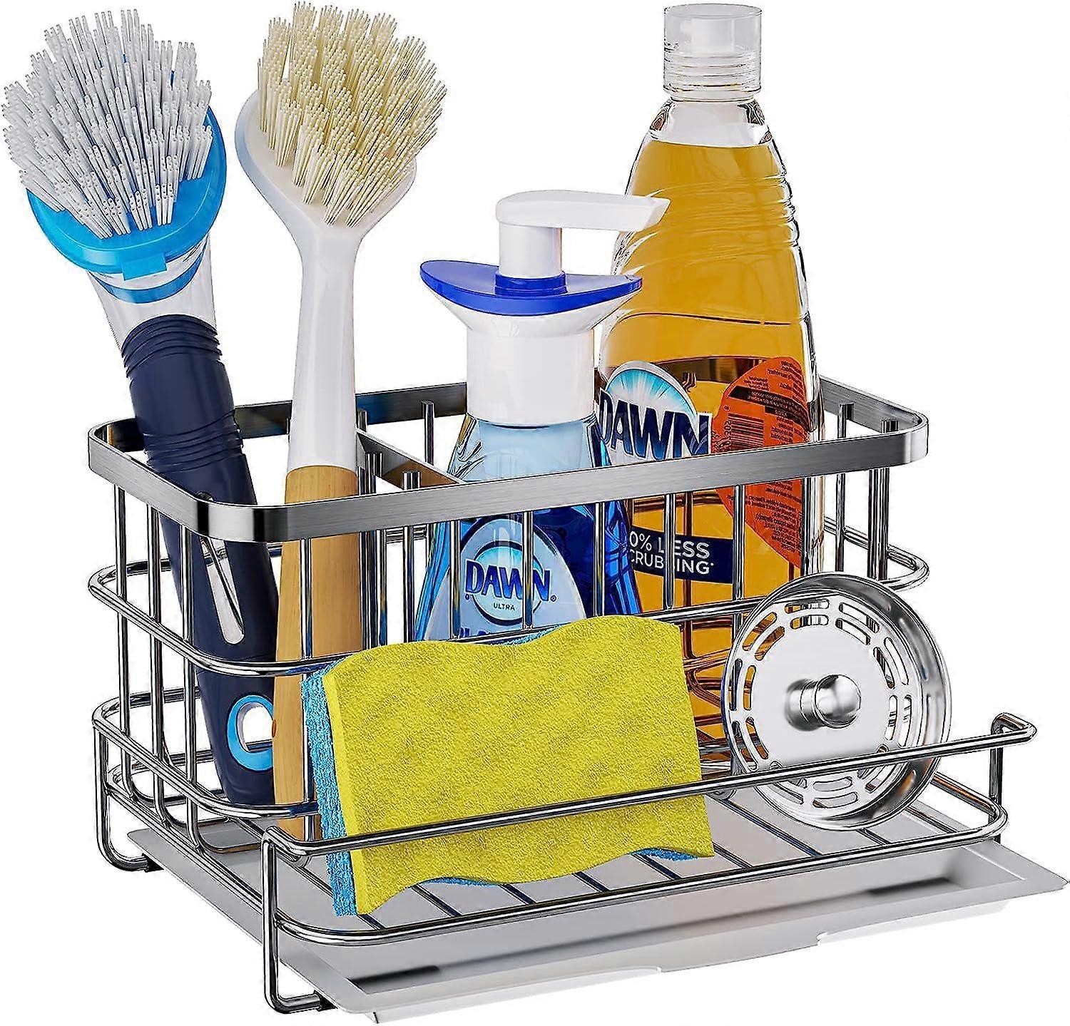 kjøkkenvask Caddy Organizer 304 rustfritt stål svampholder for oppvaskklutbørste med automatisk avløpsbrett