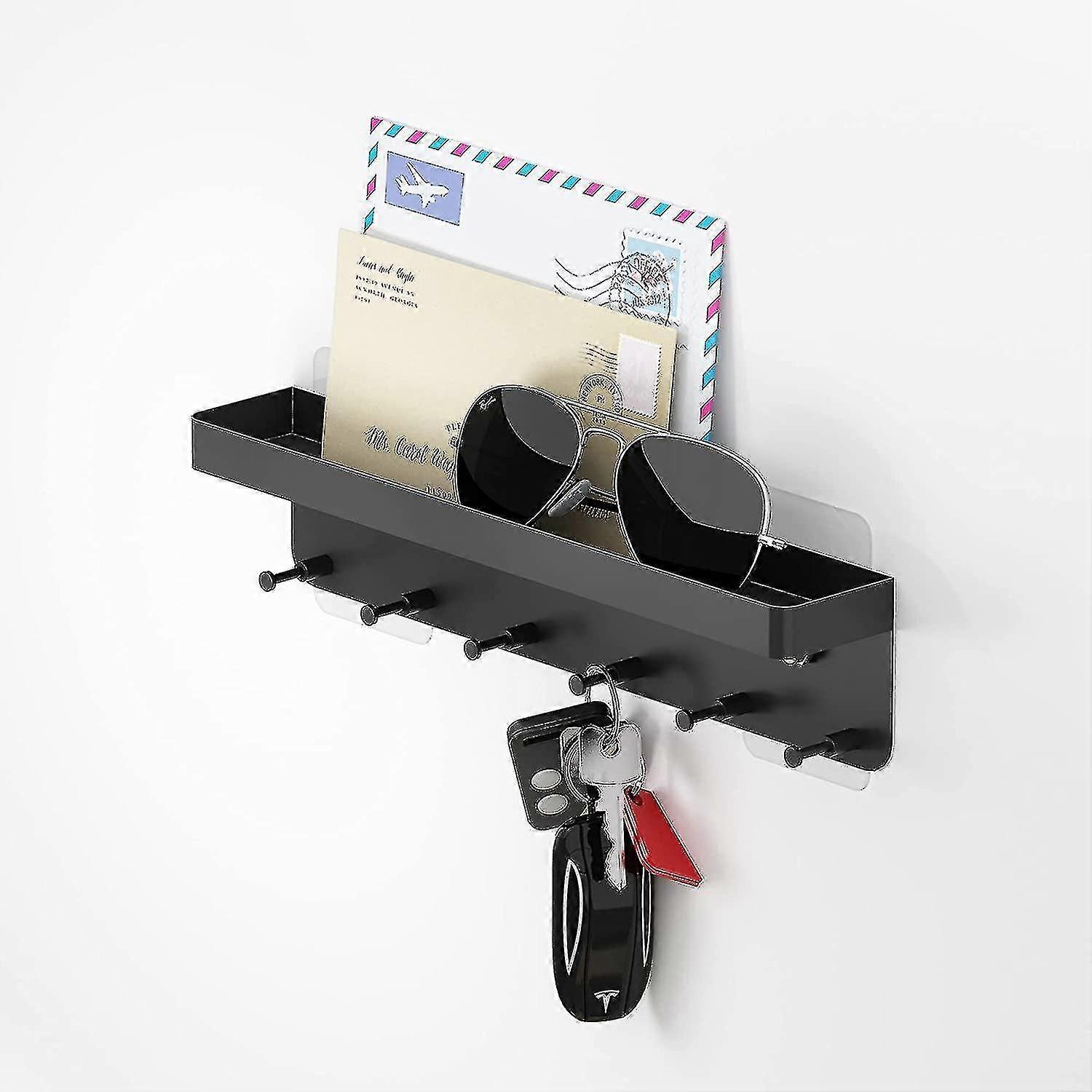 Metal Key Holder Black Key Holder With Shelf And 6 Key Hooks, Self Adhesive Keys