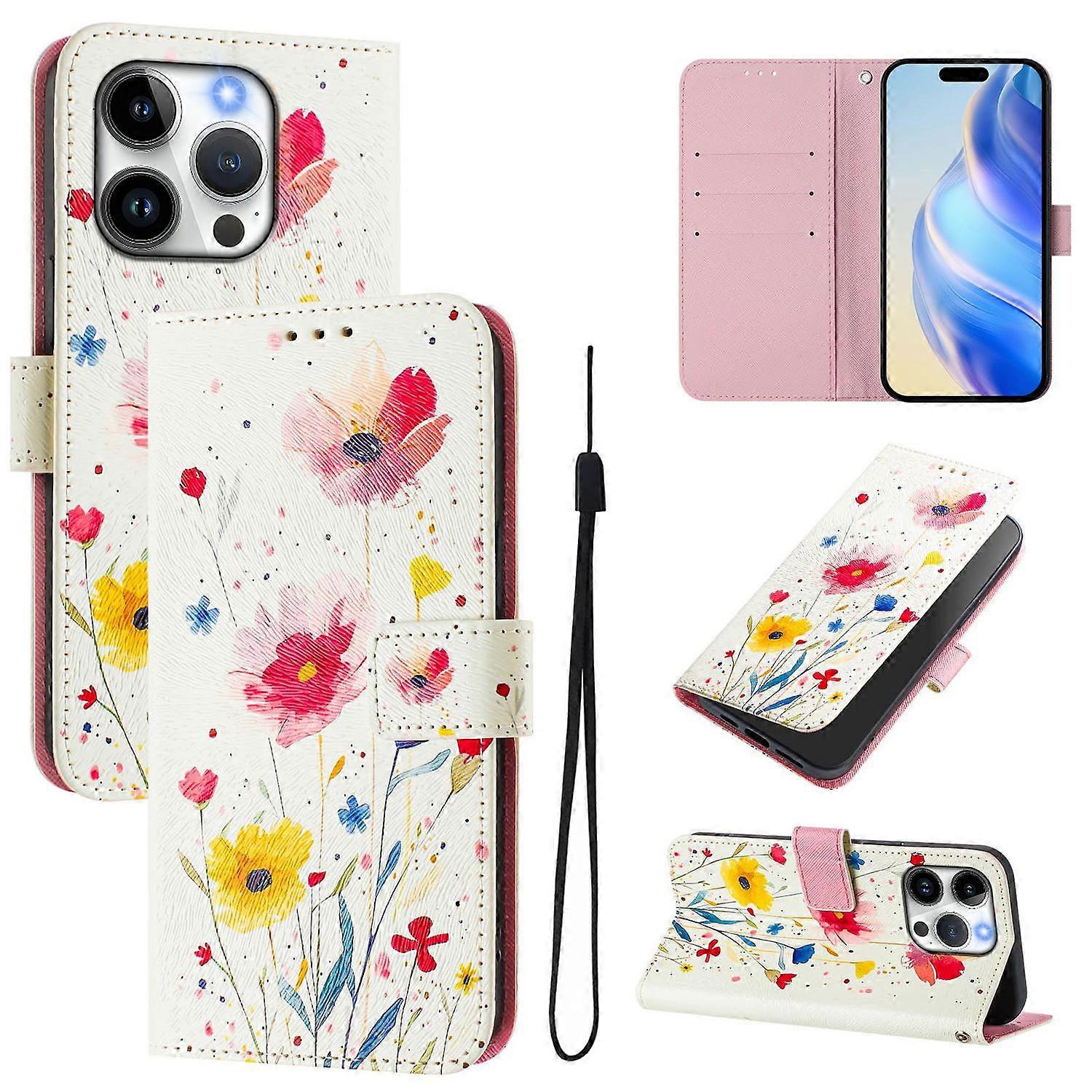 For iPhone 15 Pro Case Pattern Printing Wallet Phone Cover with Strap - Flower