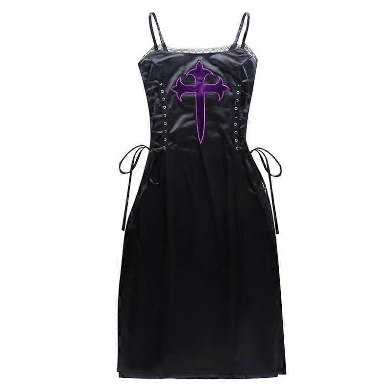 Goth Cross Pattern Vintage High Waist Split Long Dress