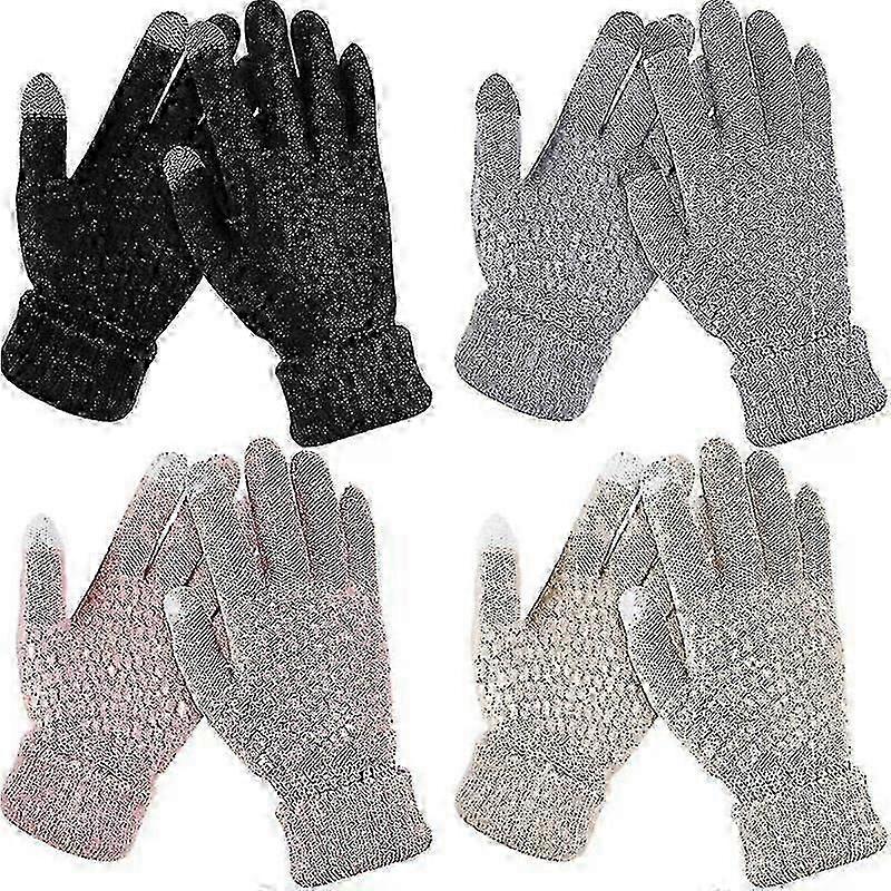 4 Pairs Women's Winter Touch Screen Gloves Warm Fleece Lined Knit Gloves Elastic Cuff Winter Texting Gloves-xt