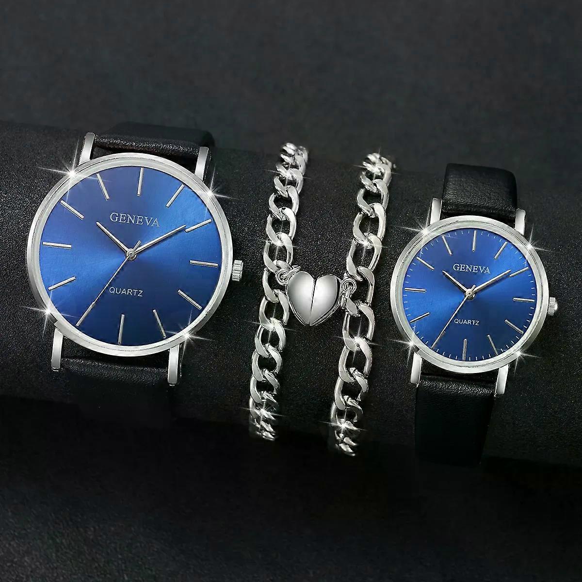 Valentin-napi ajándékok 4db páros karórák Sest divat kék számlap női kvarcóra férfi bőr zenekar karórák szív karkötők