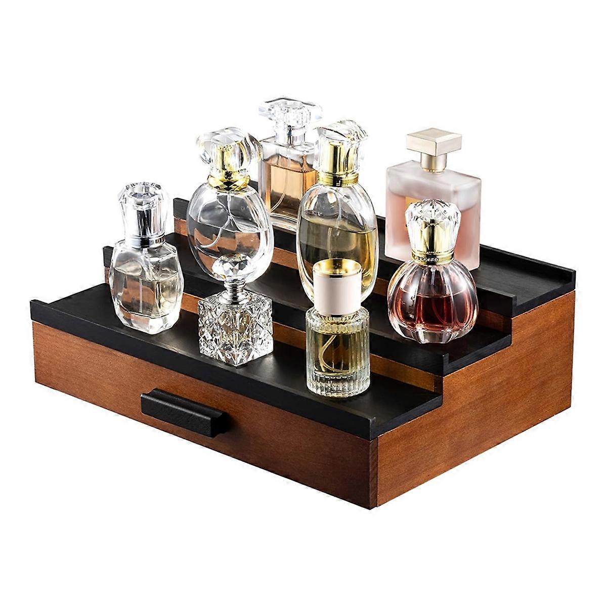 Wooden Cologne Organizer Shelf for Men Dresser, 3 Tier Display Stand with Drawer Storage Organizer Tray with Compartment