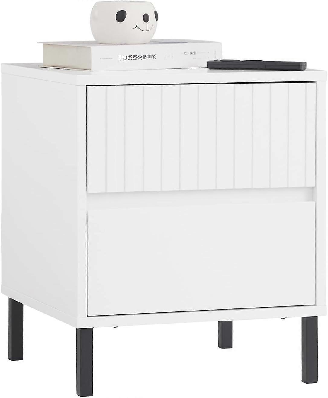 SoBuy FBT157-W, Moderne Natbord Natbord Sidebord med 2 Designede Skuffer og Sortlakeret Stålramme Opbevaringskommode Soveværelsesmøbler
