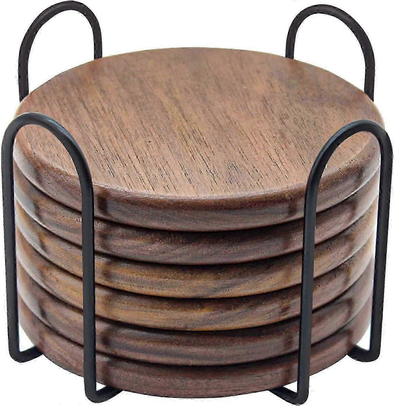 Wood Coasters For Drinks - Set Of 6 With Holder, Walnut-4 Inch To Prevent f54