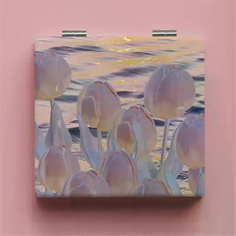 Small Folding Makeup Mirror Durable Save Space Foldable Convenient Double-sided Design Elegant Tulip Pattern Cosmetic Mirror