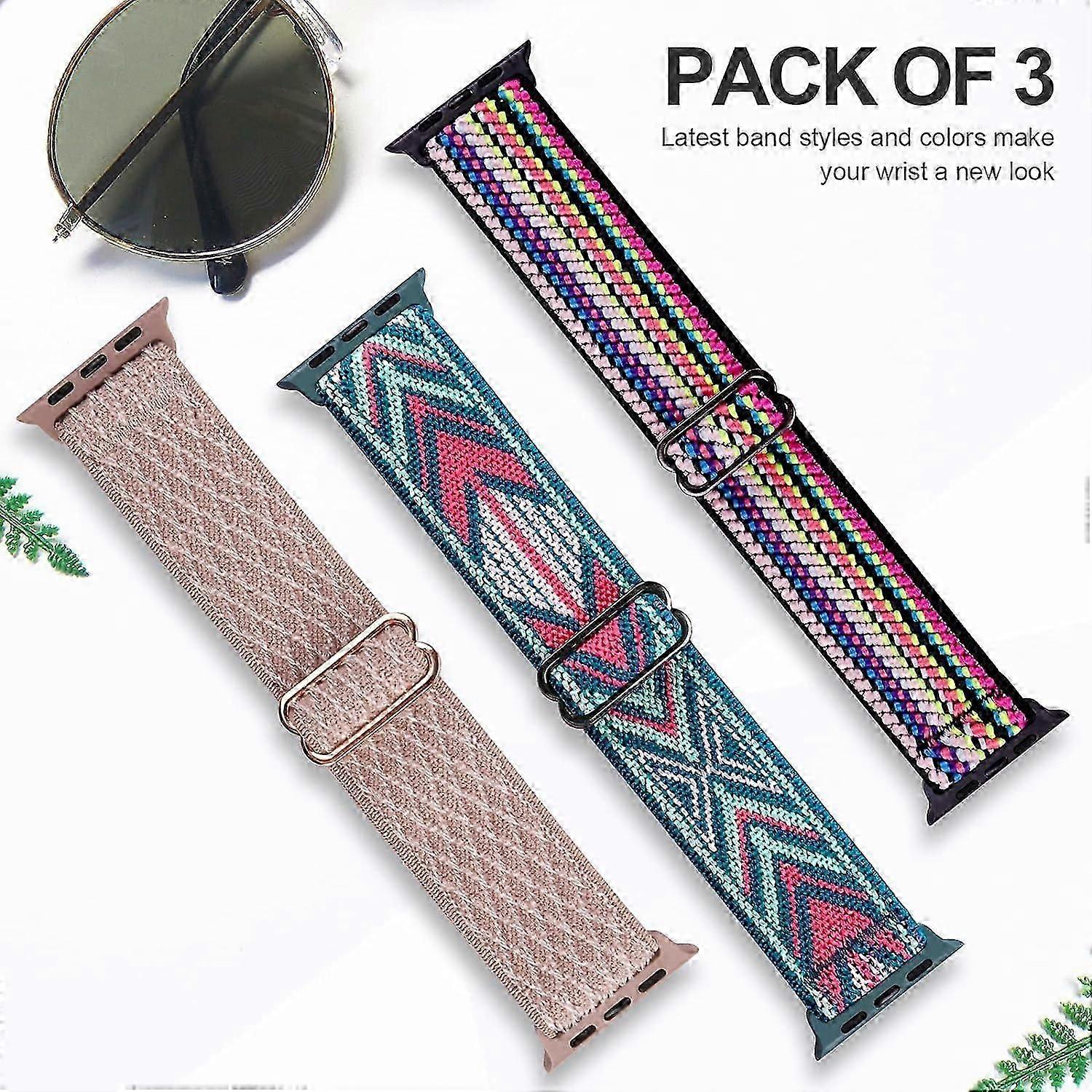 أحزمة حلقة نايلون منفردة قابلة للتمدد متوافقة مع ساعة أبل 45 مم 41 مم 44 مم 40 مم 42 مم 38 مم ، حزام لسلسلة iWatch 7/6/5/4/3/2/1 SE ، 3 عبوات W 38 وردة