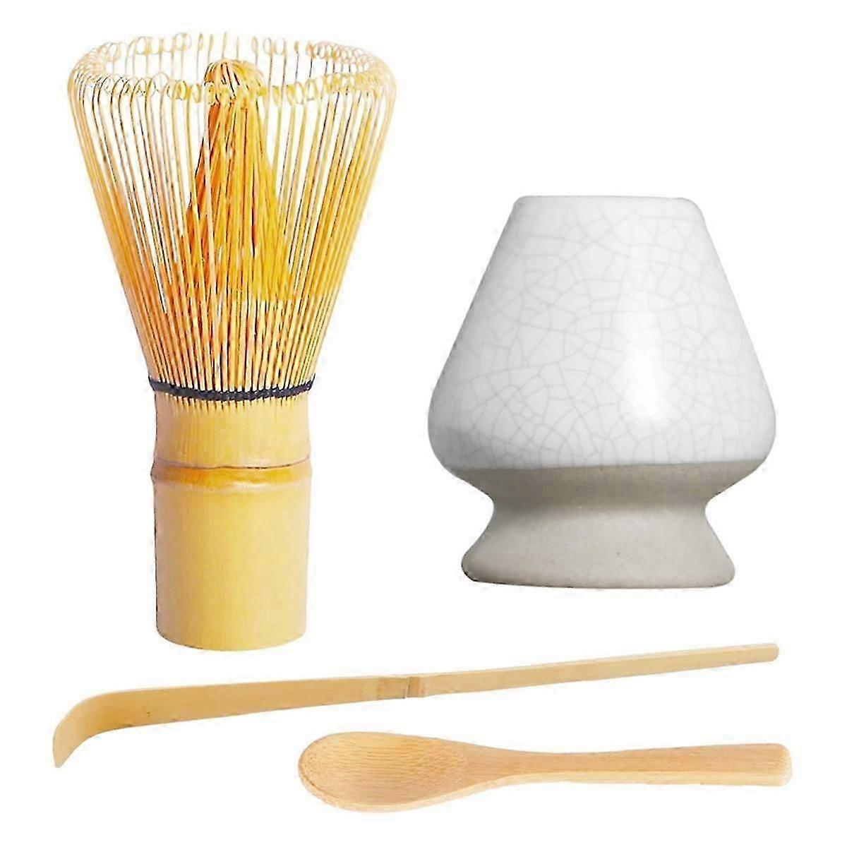 Matcha Set 4pcs-Handmade bambou fouet (Chasen) et cuillère à thé traditionnelle, cuillère à Matcha et porte-fouet en céramique