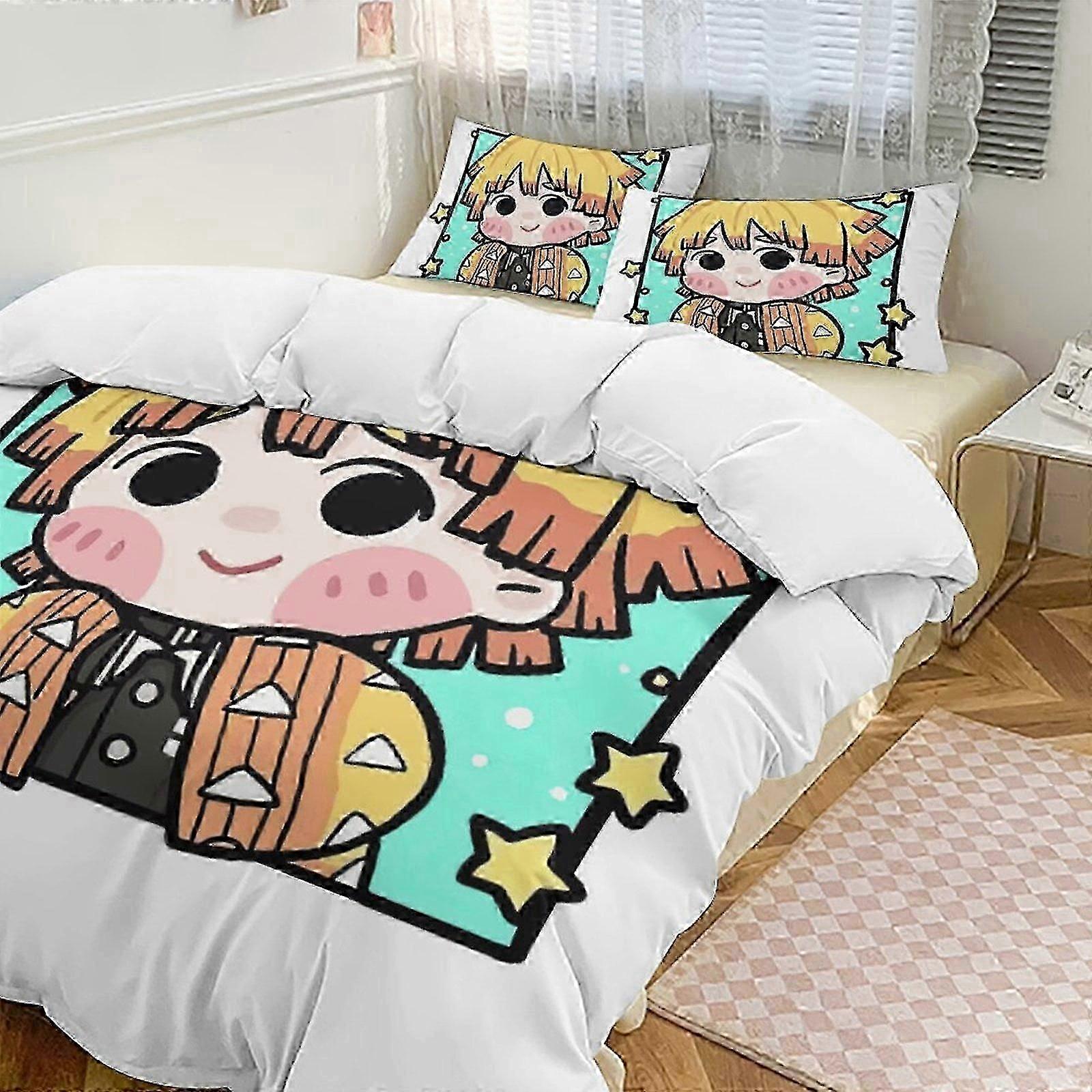 v493 Bed Sheets Demon Blade Bedding Set, Comfortable and Lightweight3-Piece Cartoon Bedding Set (Available in Multiple Sizes) Lc (1 Duvet Cover and 2
