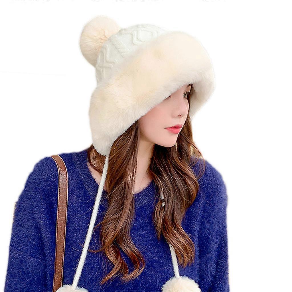 Sweet Cute Casual Warm Cold-proof Woolen Hat Fashion Plush Ball Knitted Hat With Pom-Pom Beanie Hat for Women Ladies  Milky white