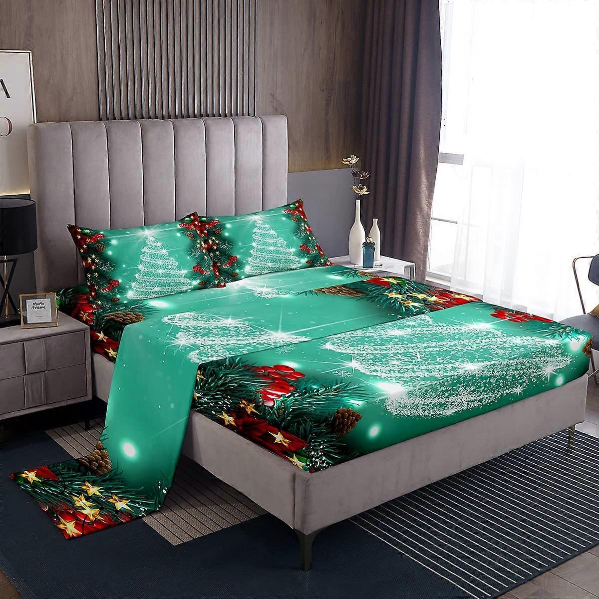 Merry Christmas Bed Sheets Twin Size Set for Kids, Santa Tree Glitter Design, 1 Flat Sheet, 1 Fitted Sheet, 1 Pillowcase