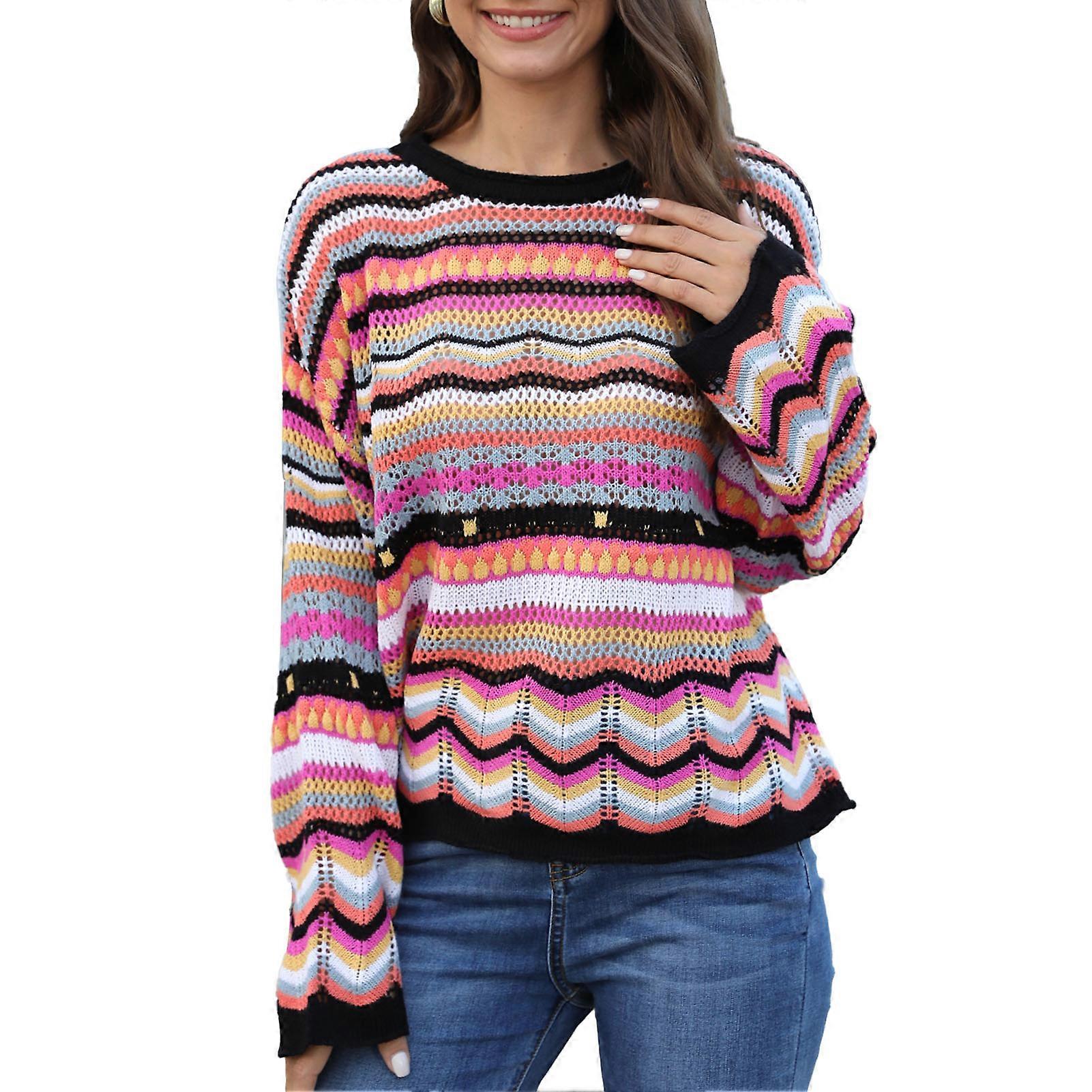 Badkläder Överdragstopp Färgglad Randig Design Rund Halsringning Ihålig Bikini Överdrag För Kvinnor För Strandfest