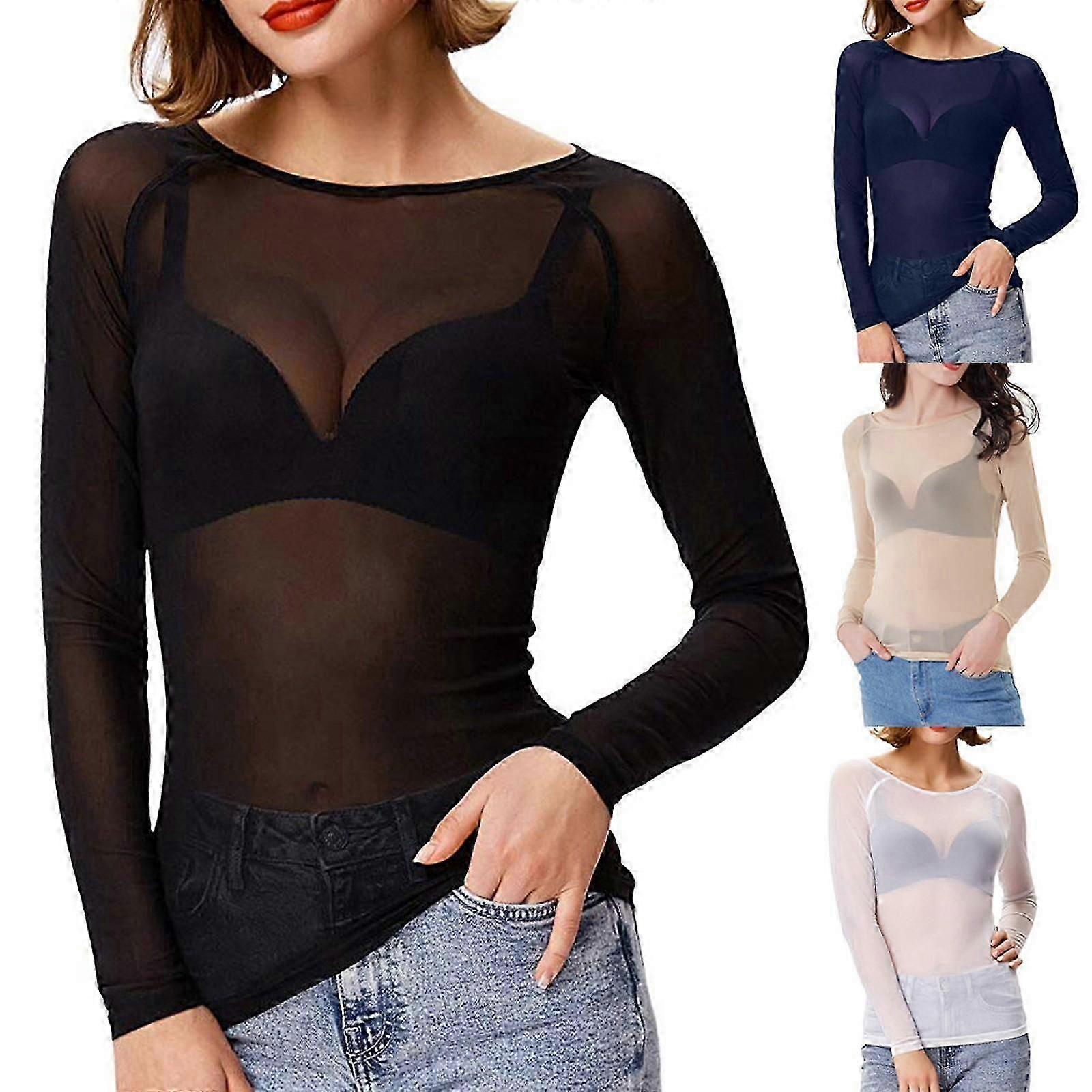 Long-Sleeve Transparent Seamless Arm Slimming Blouse with Mesh Top