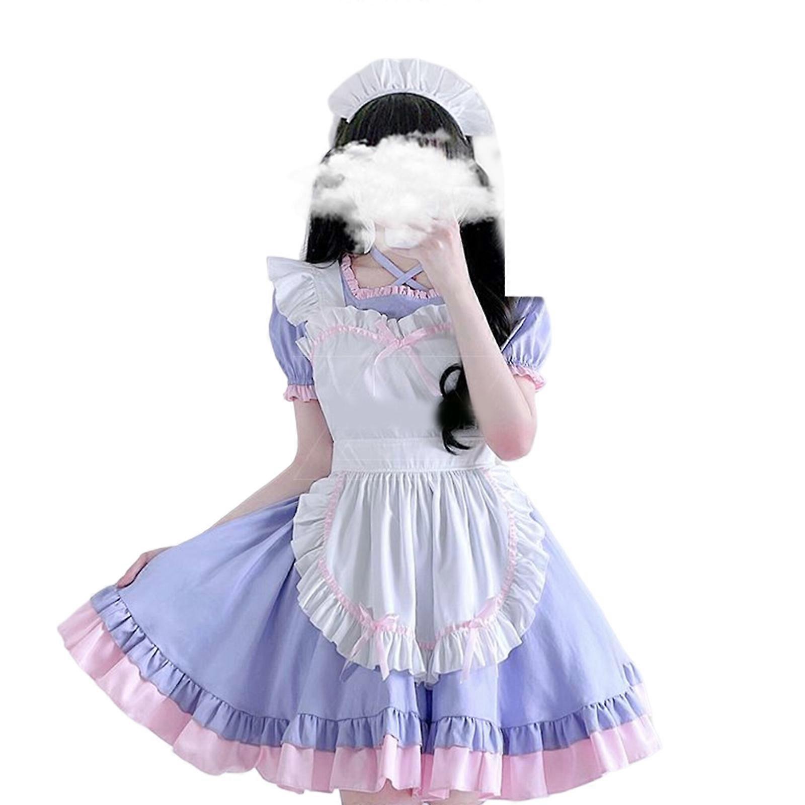 フレンチメイドコスチュームアクセサリーキットエプロン、ヘッドバンド、メイドドレスハロウィンメイドコスプレコスチュームパープルS