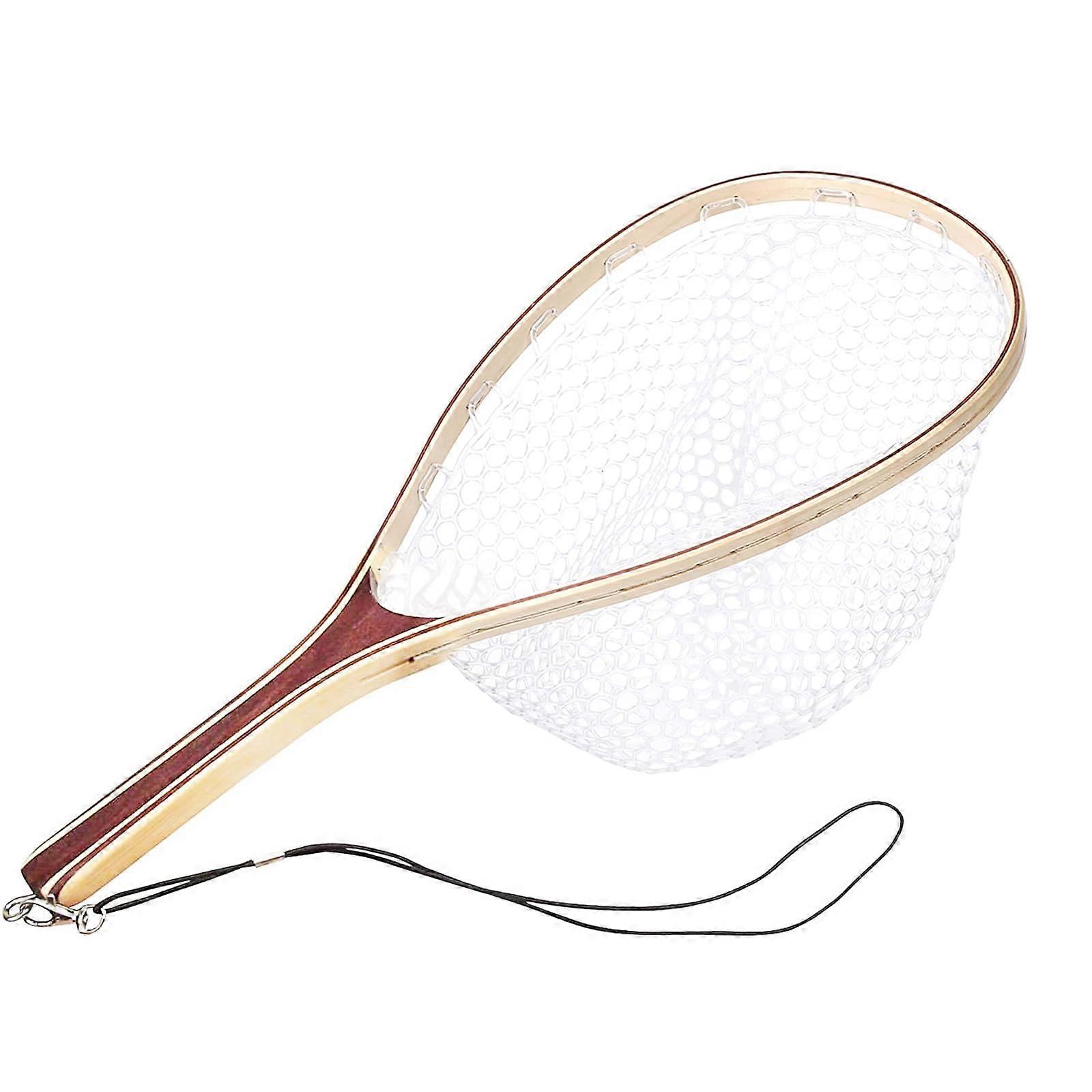 Fishing Net for Trout, Fly Fishing Net with Soft Rubber Mesh, Wooden Handle