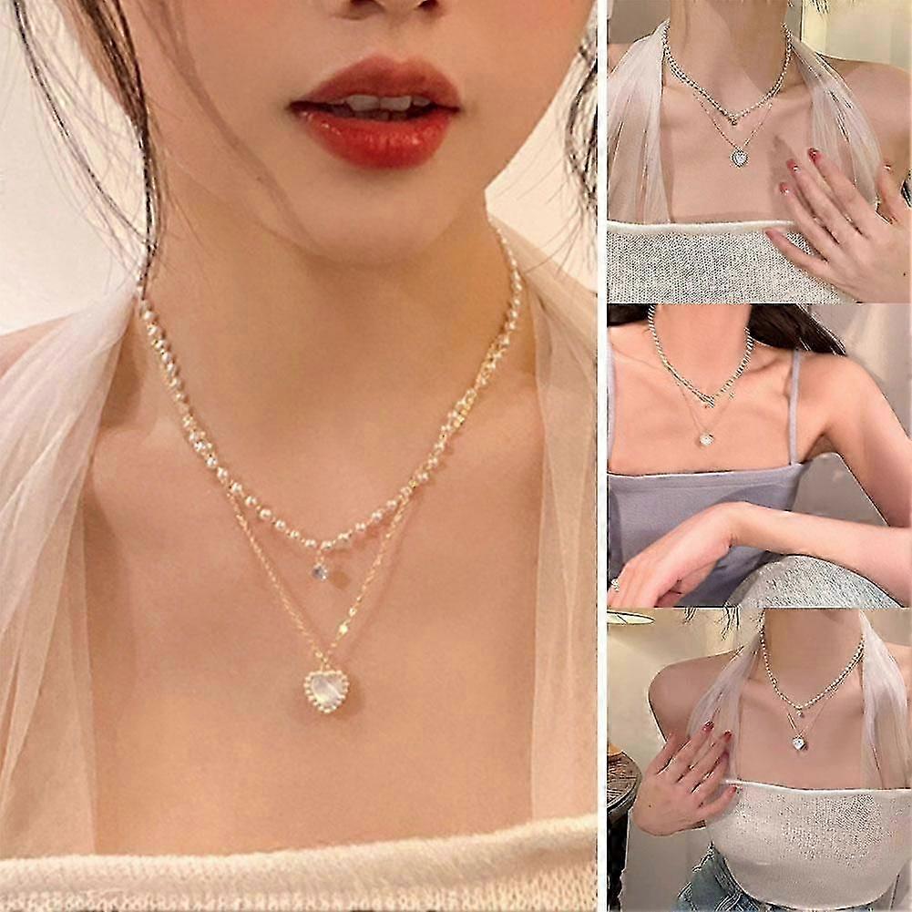 Double-layer Heart Necklace Summer Pearl Stacking Necklace