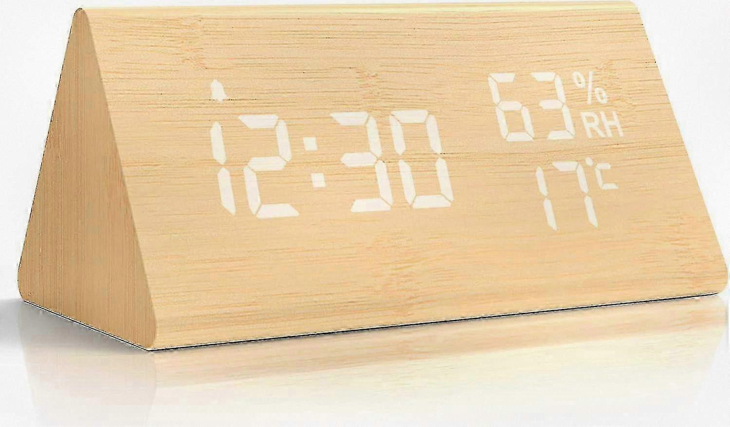 Wooden Digital Alarm Clock, Snooze Functionality with Date, Temperature and Humidity Display - Suitable for Bamboo Style