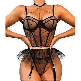Womens 2-Pieces Outfits Pajamas Lace up Sexy Panty Belts String Thong Bodysuit Sleepwear Lingerie Nightgown Night Dress  Black XL
