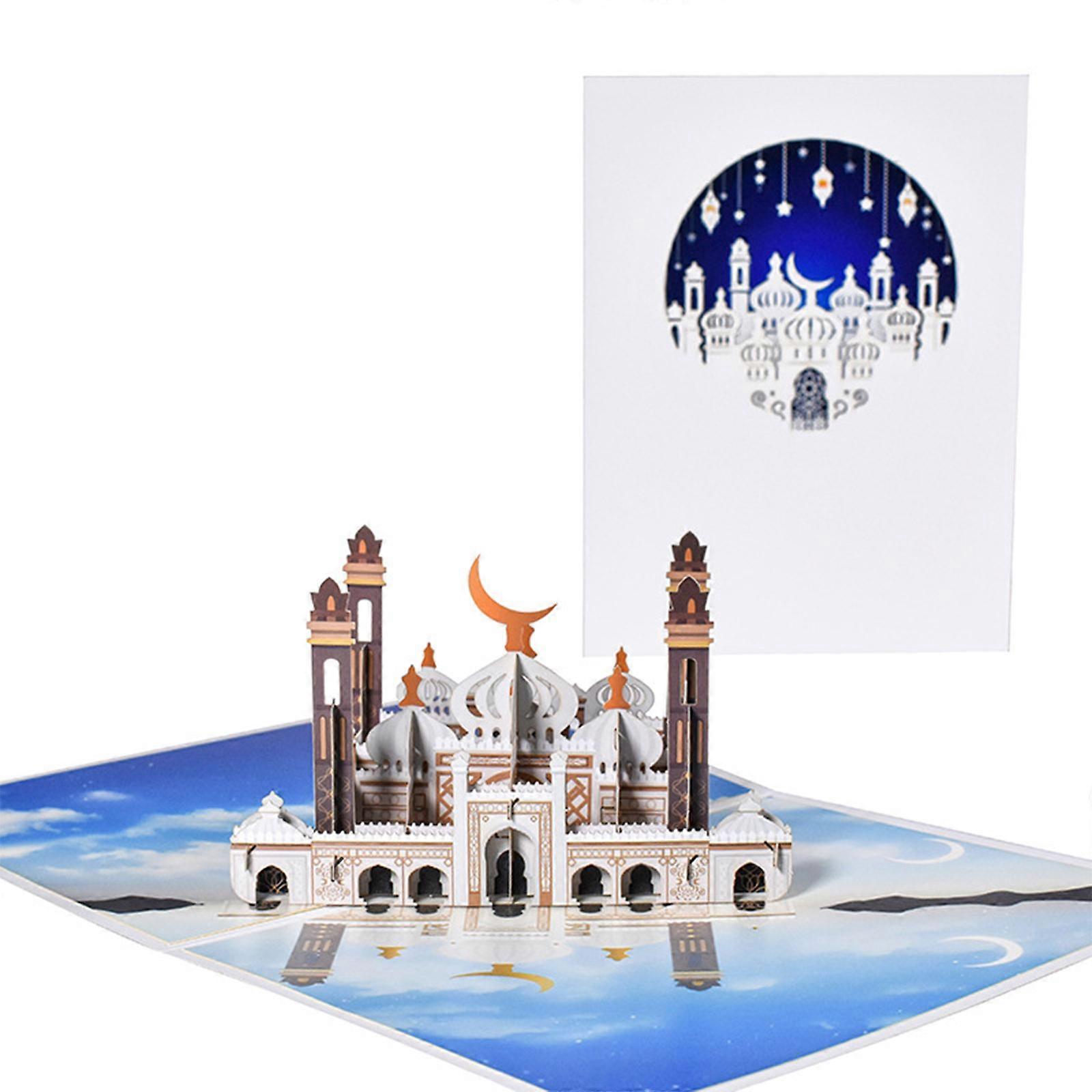3D Mosque Pop-up Card Eid Mubarak Ramadan Greeting Cards for Festival New Year Handmade Note Card with Envelope Gift
